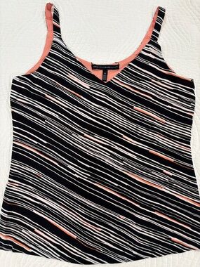 White House Black Market Black Striped V-Neck Tank with Coral Trim
